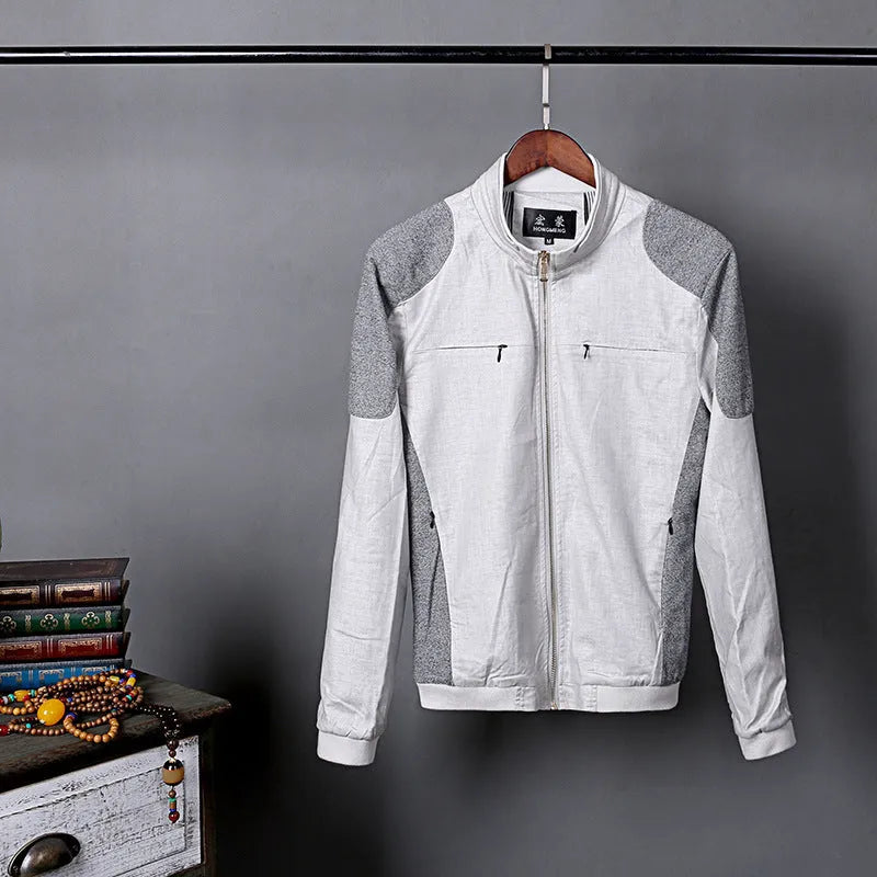 Men's lightweight blue linen jacket with a regular fit, hanging on a hanger.