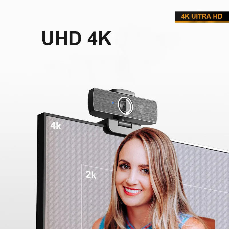 Black 8MP USB webcam with magnetic privacy cover on a laptop, showing 4K 60FPS video call on screen.