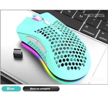 Hollow out design wireless mouse with luminous charging feature in cyan colour showing compact dimensions
