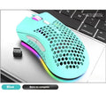Hollow out design wireless mouse with luminous charging feature in cyan colour showing compact dimensions