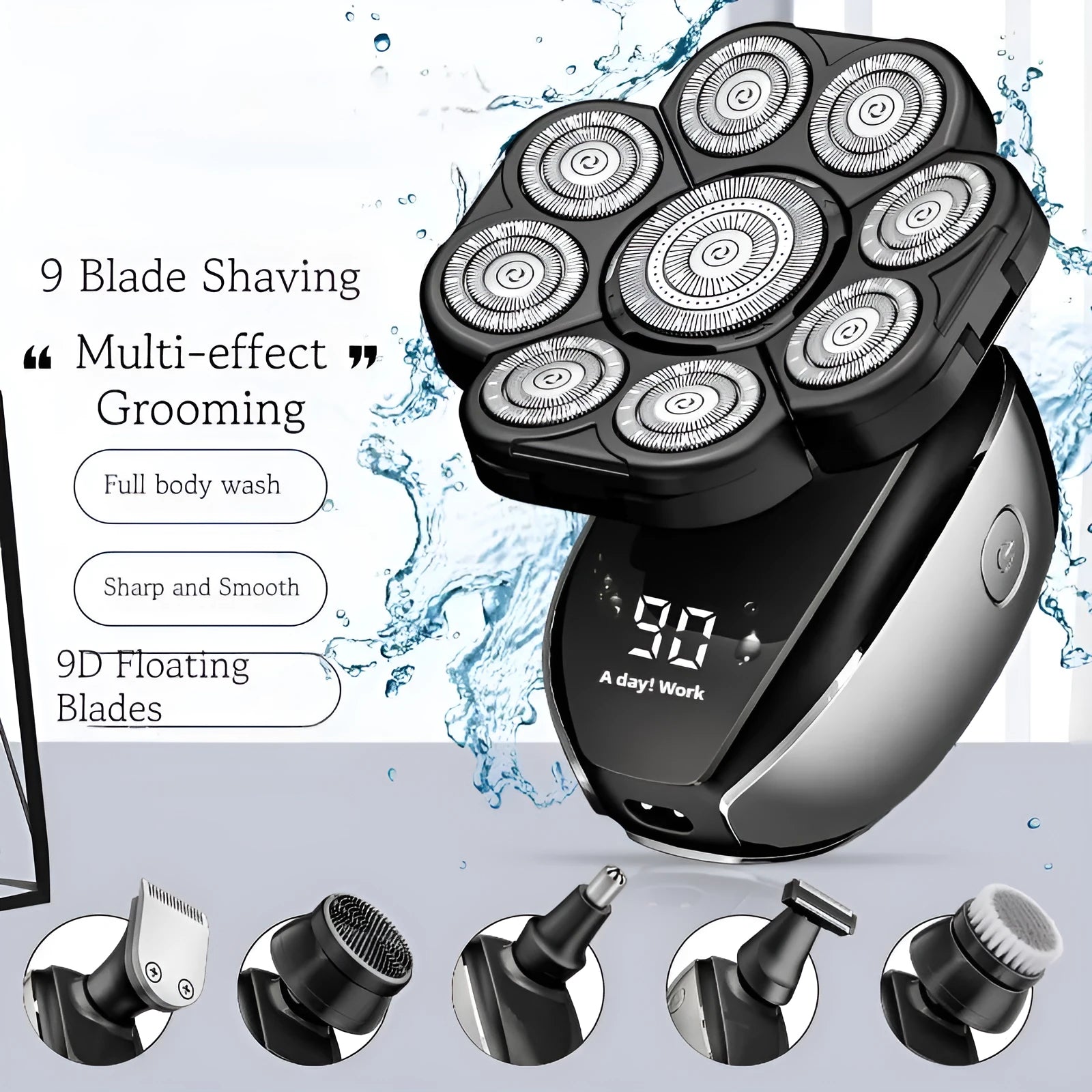 Black 6-in-1 multifunctional rechargeable hair clipper and shaver kit with attachments on a white background