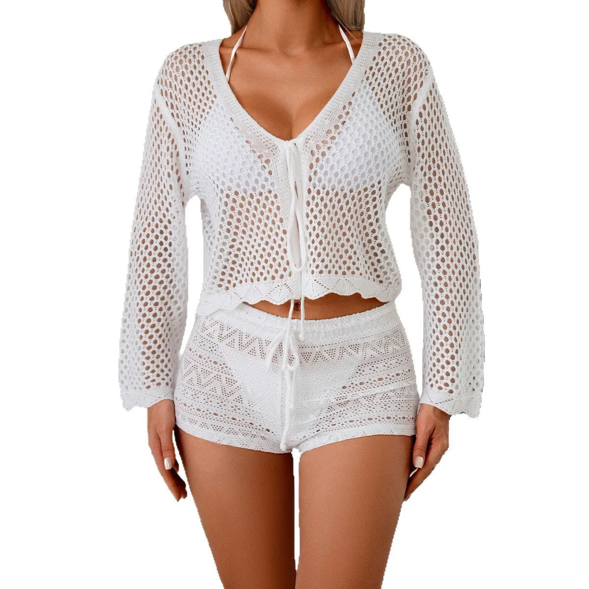Women's apricot cropped cardigan blouse with flared bell sleeves, laid flat.