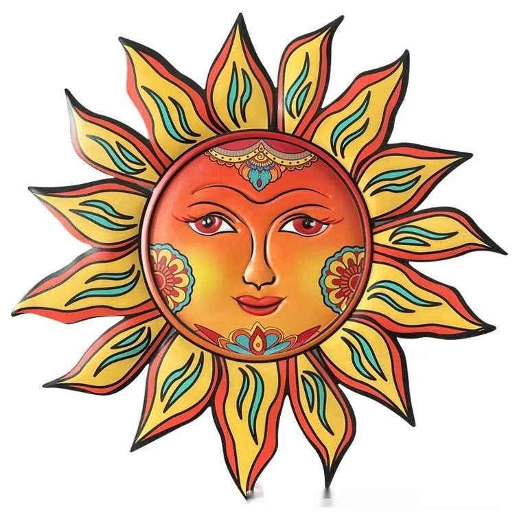 Iron sun face decorative wall hanging in multiple colour options for indoor living room or garden display