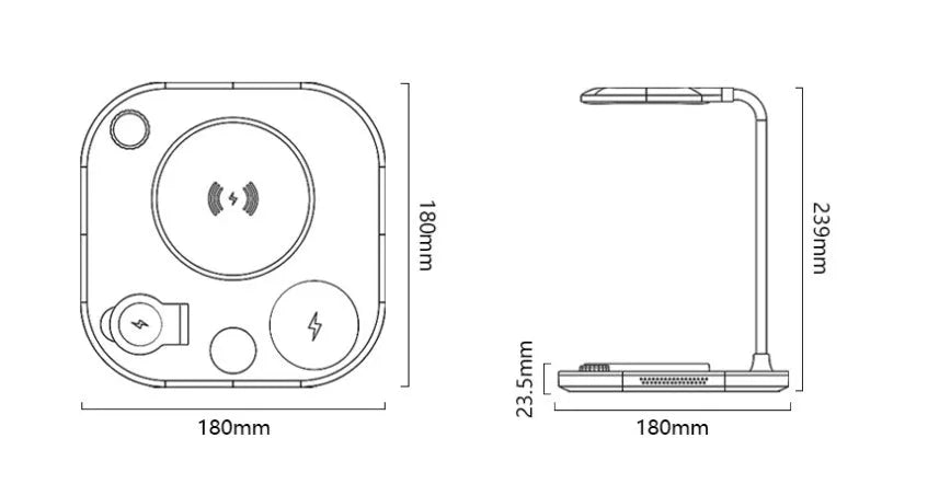 Three-in-one 15W wireless magnetic charging dock shown in black, with optional desk lamp style and USB cable.