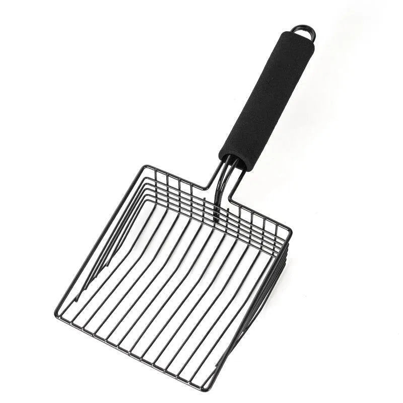 Black alloy metal cat litter scoop showing 0.8cm mesh detail