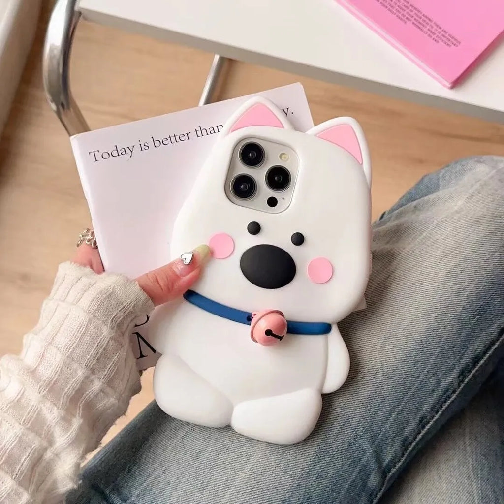 Pink silicone phone case with cartoon cute bell little white dog design for iPhone 12 13 14 15