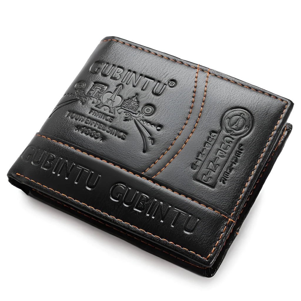 Men's short black PU leather wallet with zipper pocket and multiple card slots, 11.5cm x 9.5cm