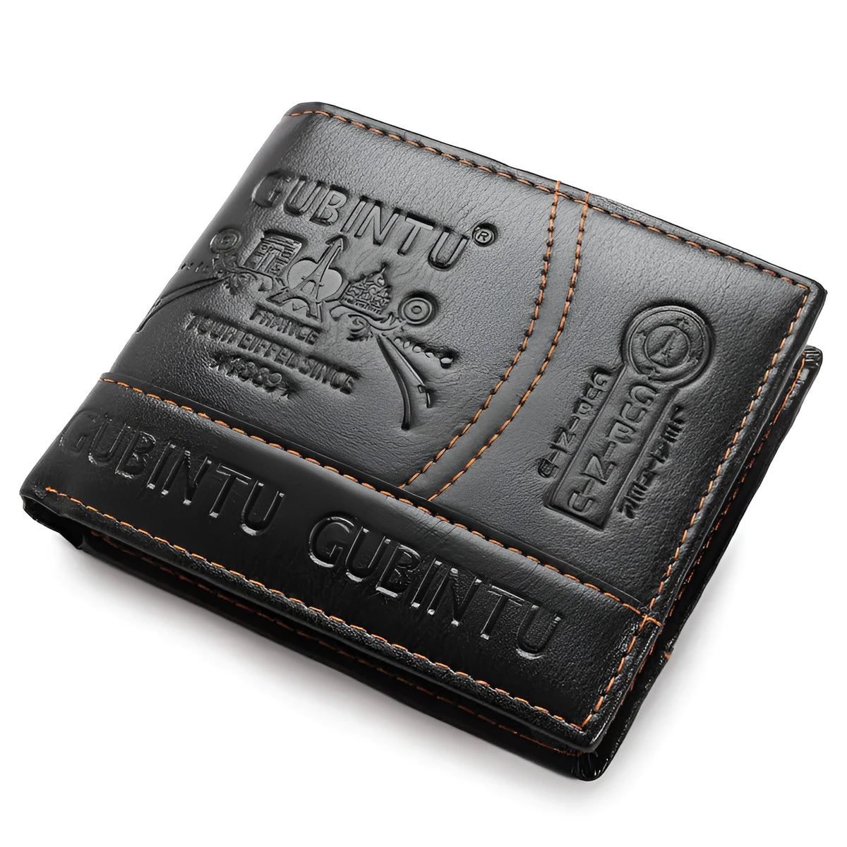 Men's short black PU leather wallet with zipper pocket and multiple card slots, 11.5cm x 9.5cm