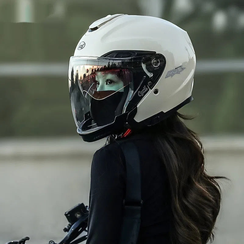 Men's motorcycle half helmet with double visor and ABS shell, sizes M to 3XL, multiple colours
