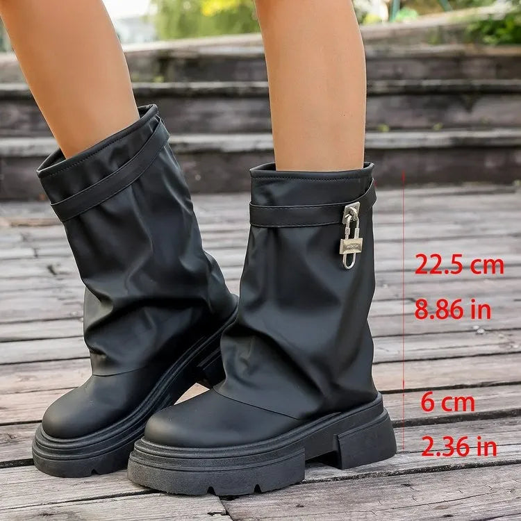 Black women's synthetic leather Martin boots with thick sole, side zipper, and round toe