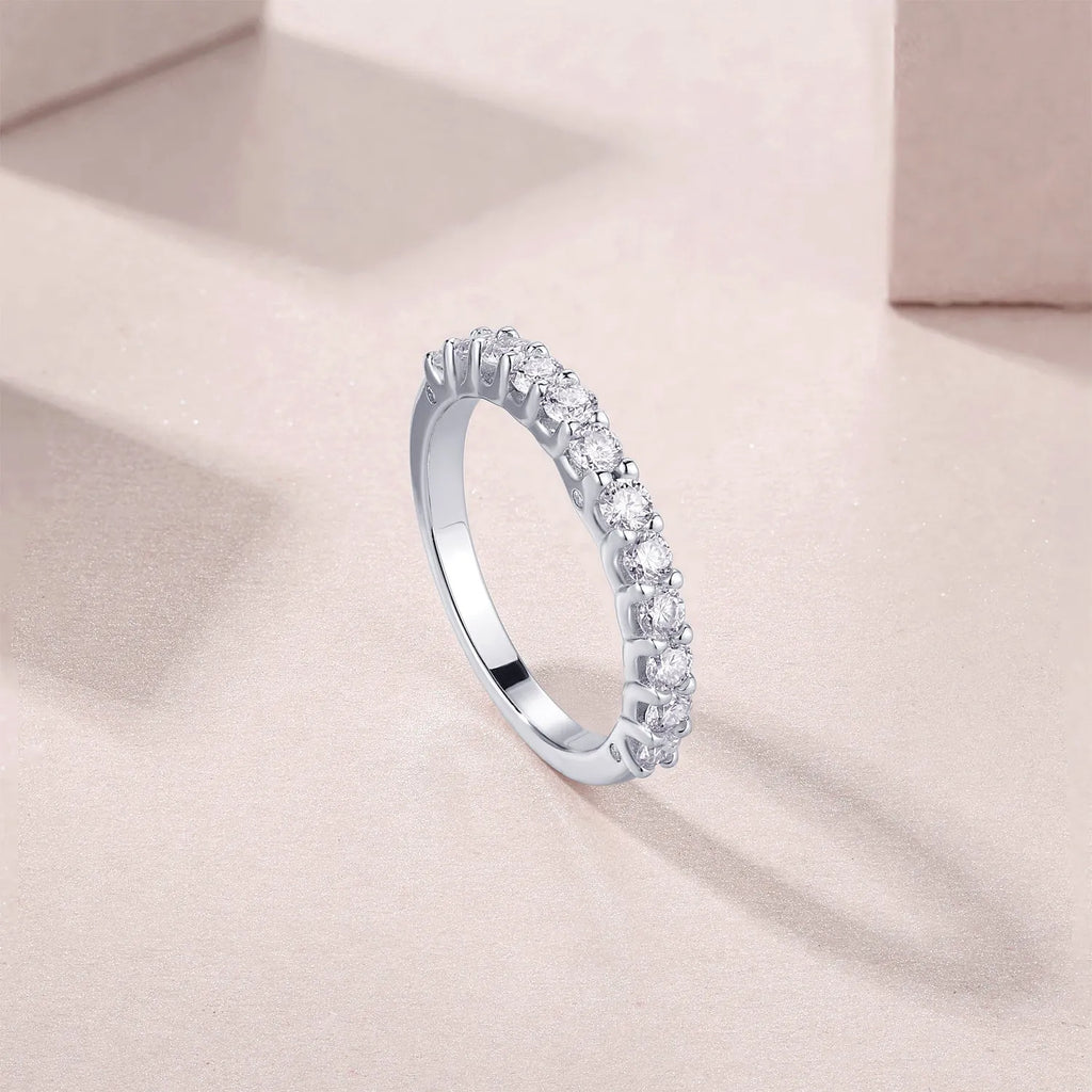The Radiance moissanite wedding ring set in S925 silver with platinum plating, gift box packaging