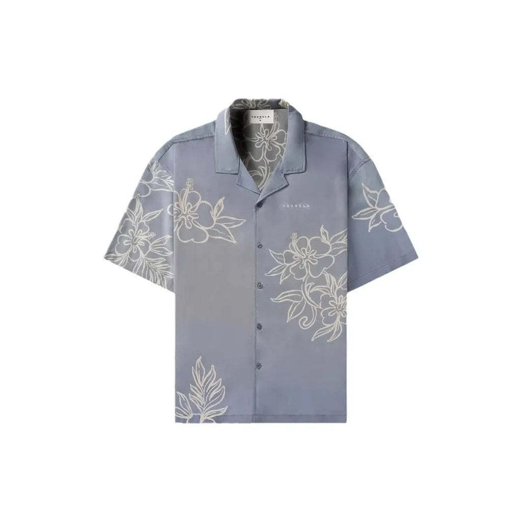 Men's printed casual short sleeve top with flower pattern in polyester elastic fabric