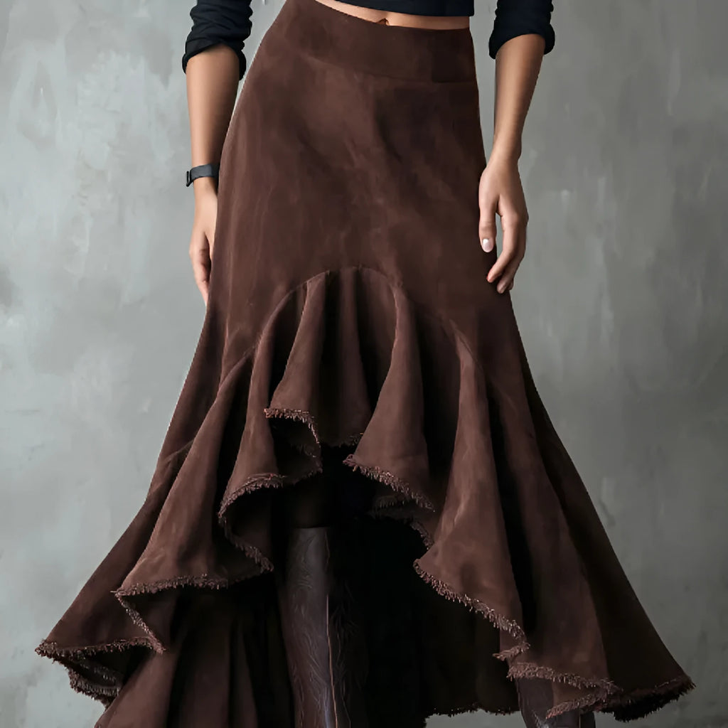 Western brown high-low maxi skirt with ruffle accents in eco suede-look polyester fabric