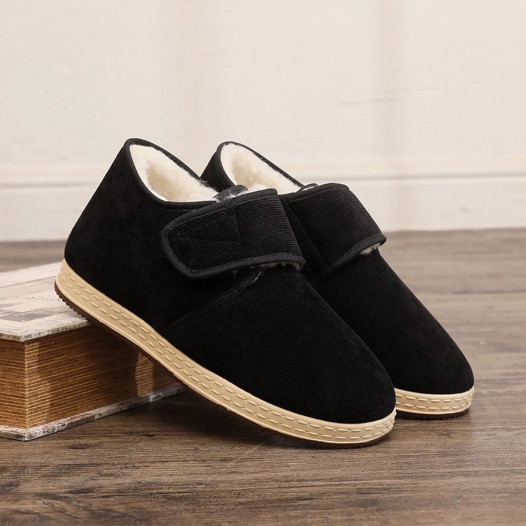 Black soft soled velvet thick cotton shoes with cotton cloth upper, buckle fastening, and rubber sole, sizes 38 to 45