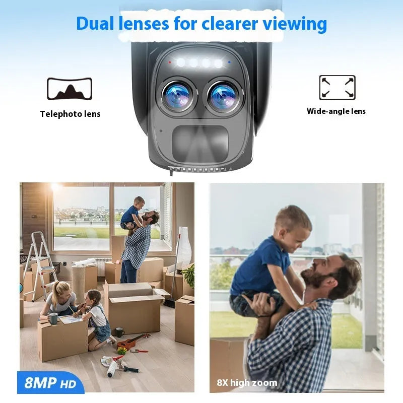 Solar-powered outdoor security camera with 8x zoom lens for household surveillance