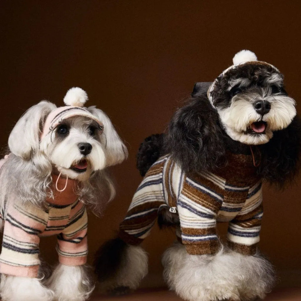 Striped fur ball pet hat for dogs in coffee colour, acrylic knit casual autumn accessory