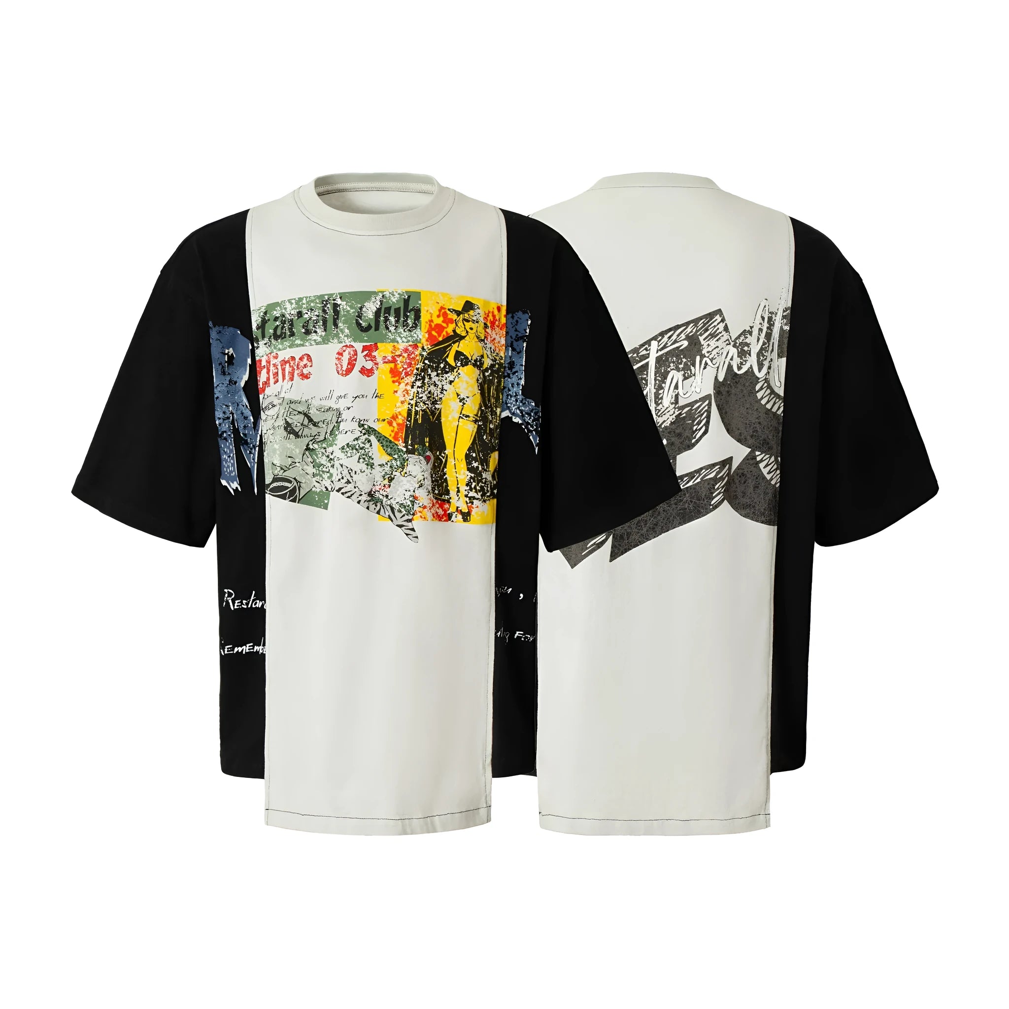 Men's black and white deconstruction print cotton blend t-shirt with loose fit and short sleeves