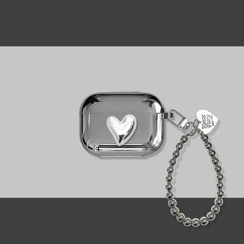 Electroplated solid colour heart pendant design TPU case for AirPods with a carrying chain attached