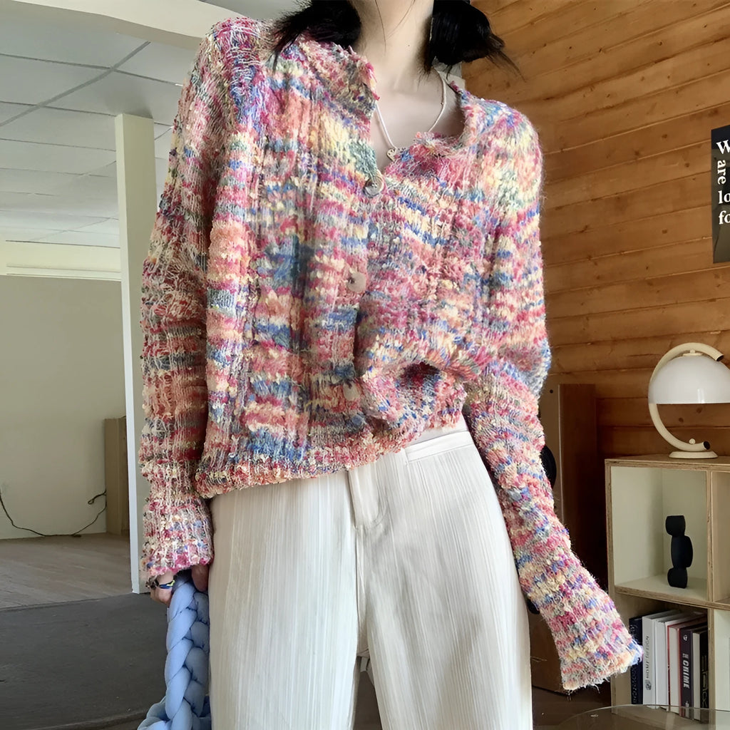 Pink and green rainbow pattern knitted cardigan sweater in retro gentle idle style