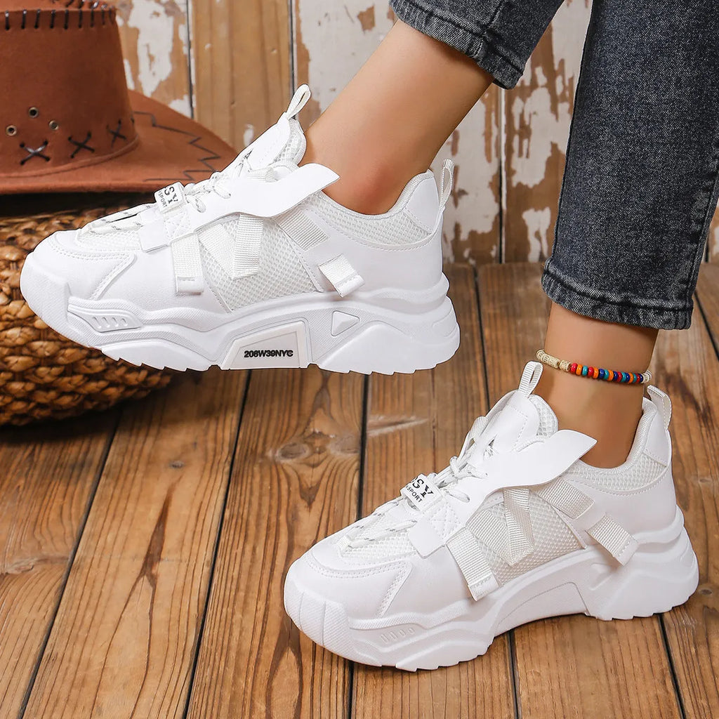 Women's purple platform mesh sports shoes with animal pattern and front lace-up design
