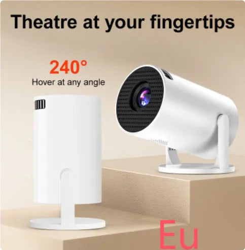 White mini portable wireless projector displaying 1080p HD image for home entertainment use