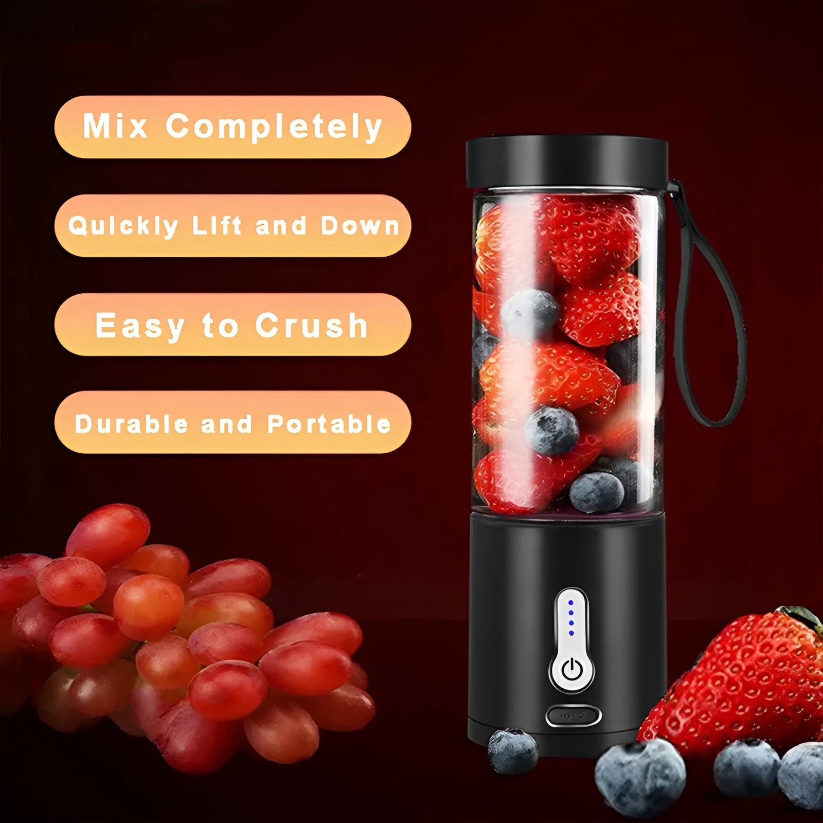Portable hand blender with 530ml cup in black, white, blue, or rose red colour options
