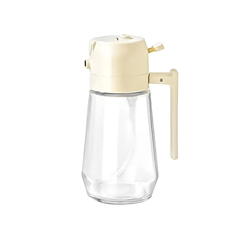 Glass oil sprayer and pour dispenser bottle in beige, yellow, green, or black with ergonomic handle.