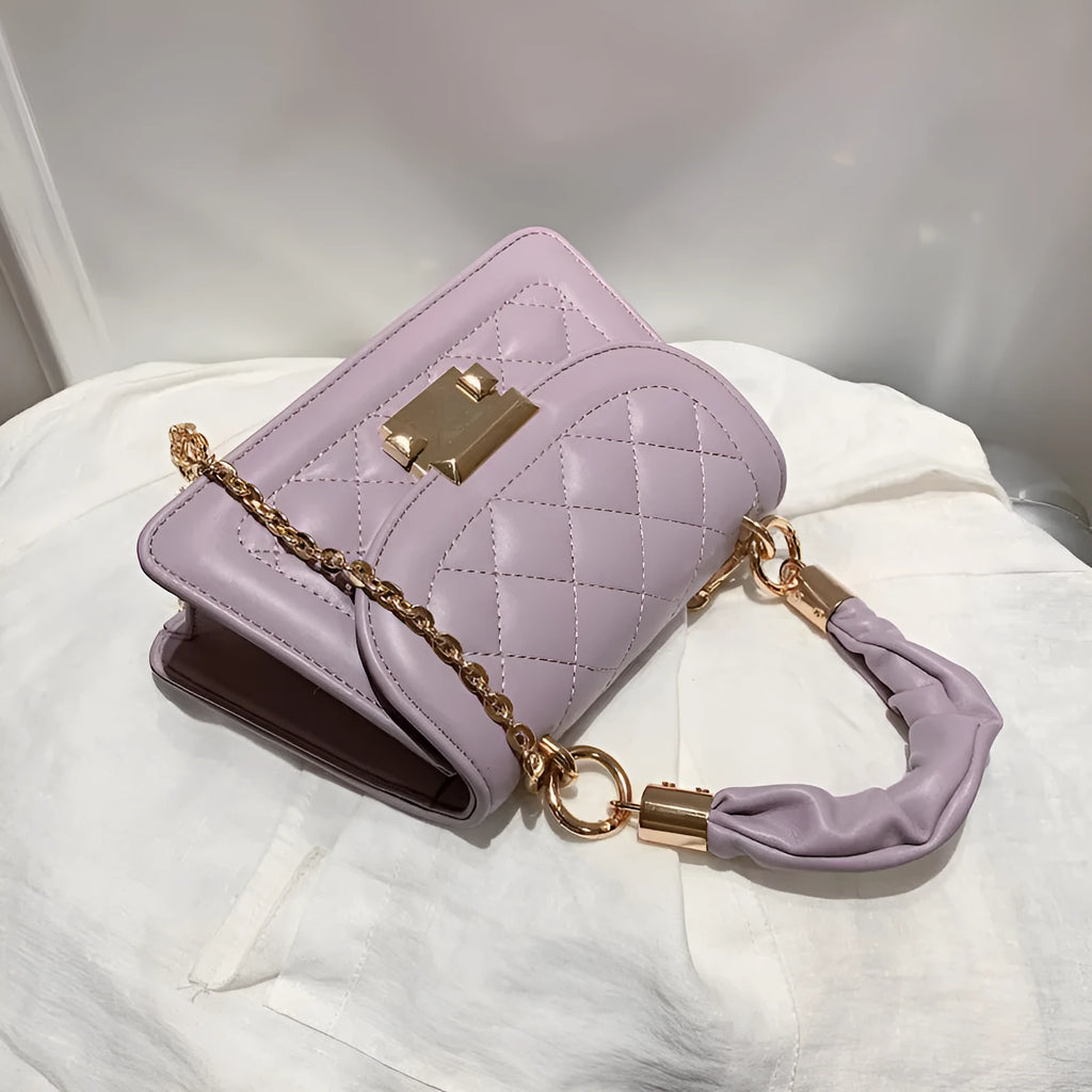Korean-style purple square shoulder bag showing tapered 16-19cm width with crossbody strap