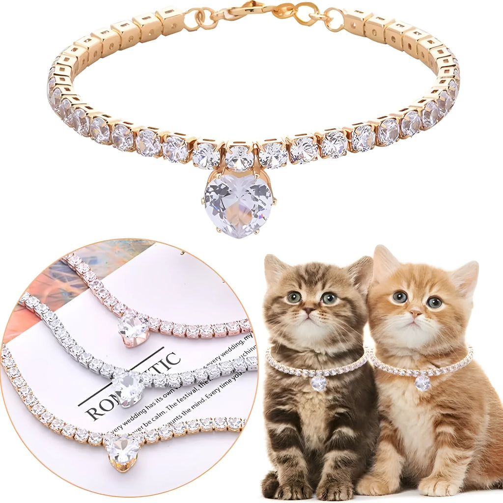 Gold rhinestone heart-shaped collar for dogs and cats on a metal chain.