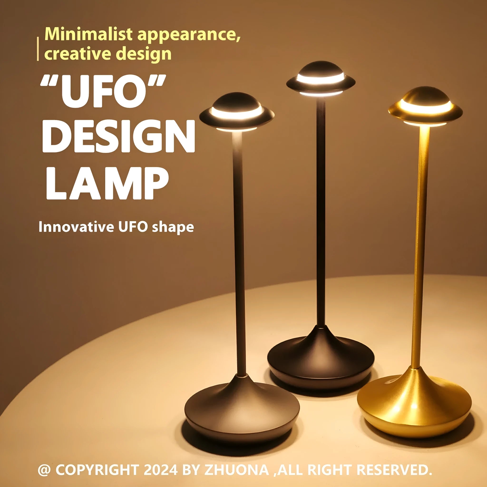 Rechargeable UFO-shaped metal desk lamp in black on a wooden table.