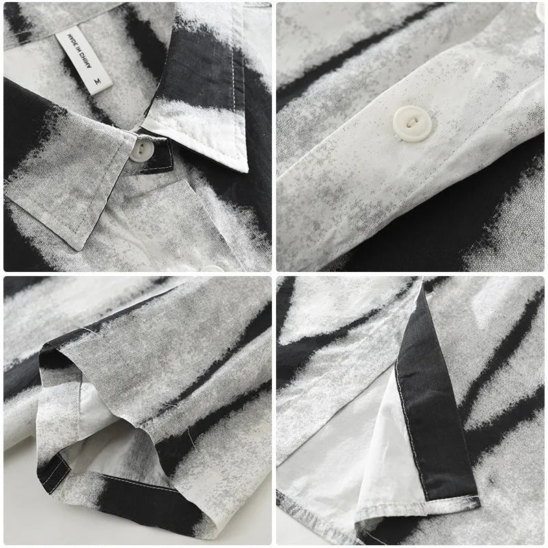 Retro striped short sleeve cotton cardigan in black, showing loose fit and button front.