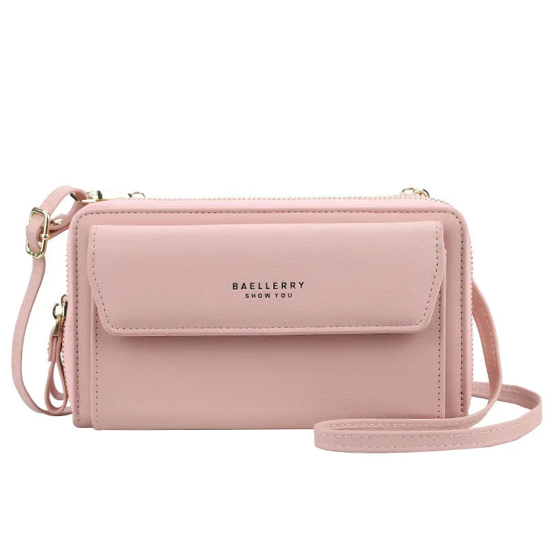 Ladies long wallet messenger bag in soft PU leather with double zipper and six colour options