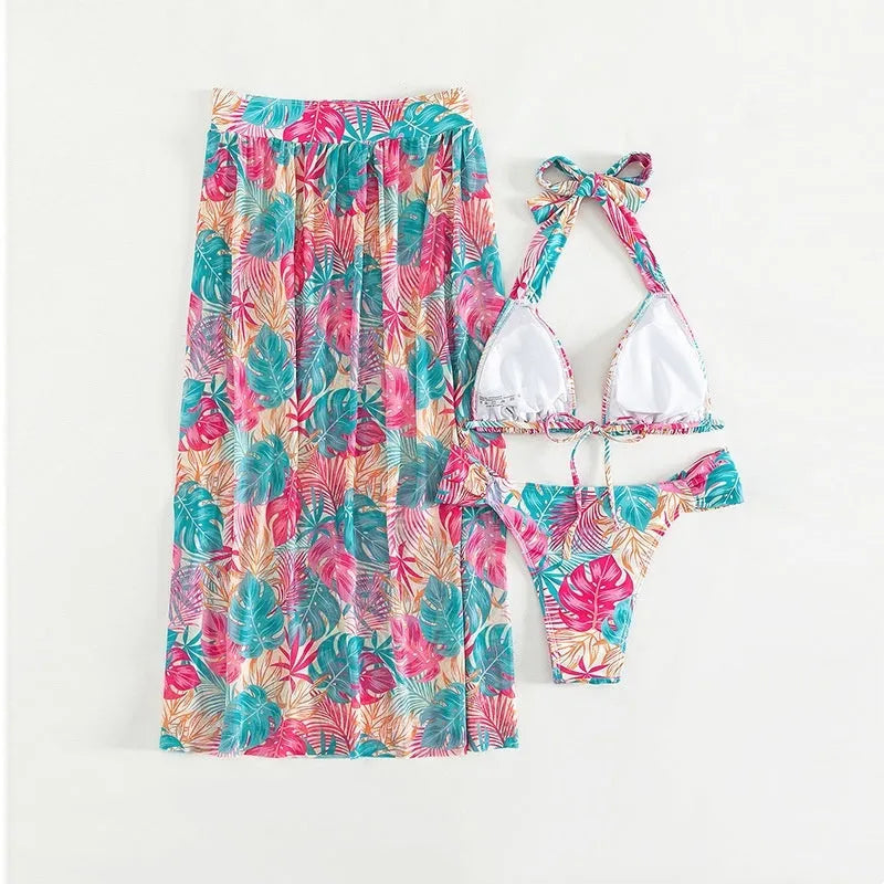 Women's floral printed mesh beach skirt swimsuit set with split cover-up in polyester, three pieces, size S to XL