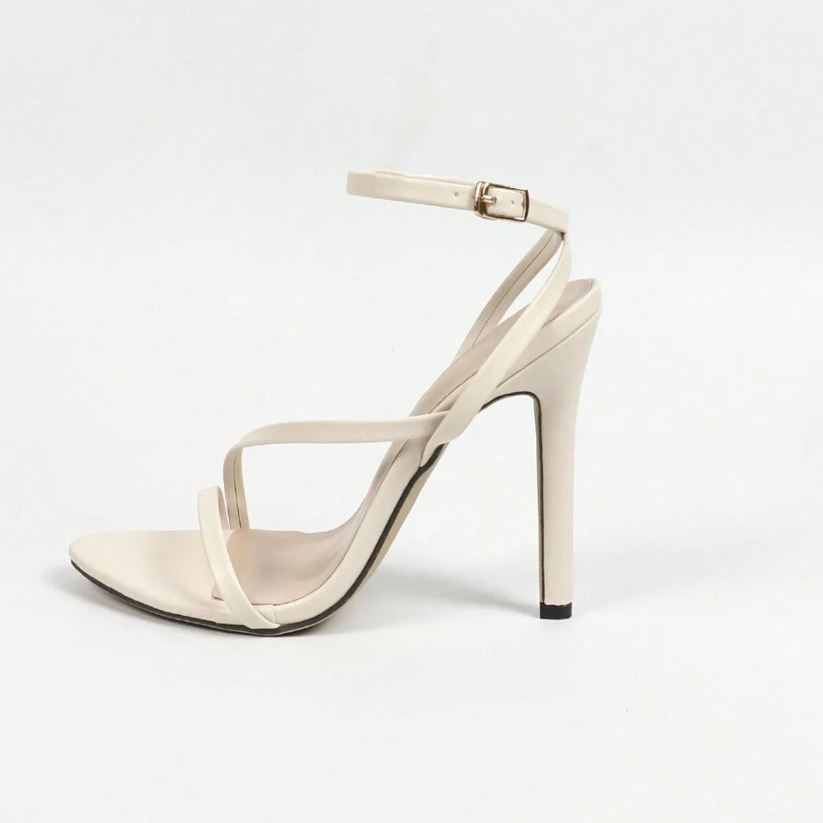 Women's gold high heels with round toe open toe design and cross ankle straps