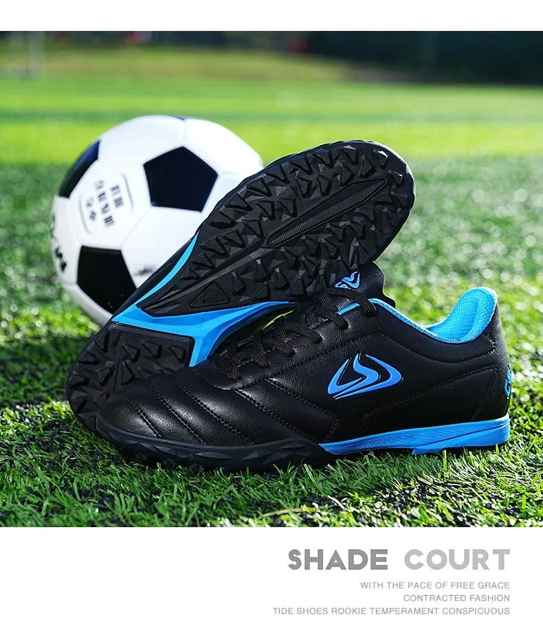 Low-top outdoor soccer football boots in a broken nail colour design with a synthetic leather upper and rubber sole.