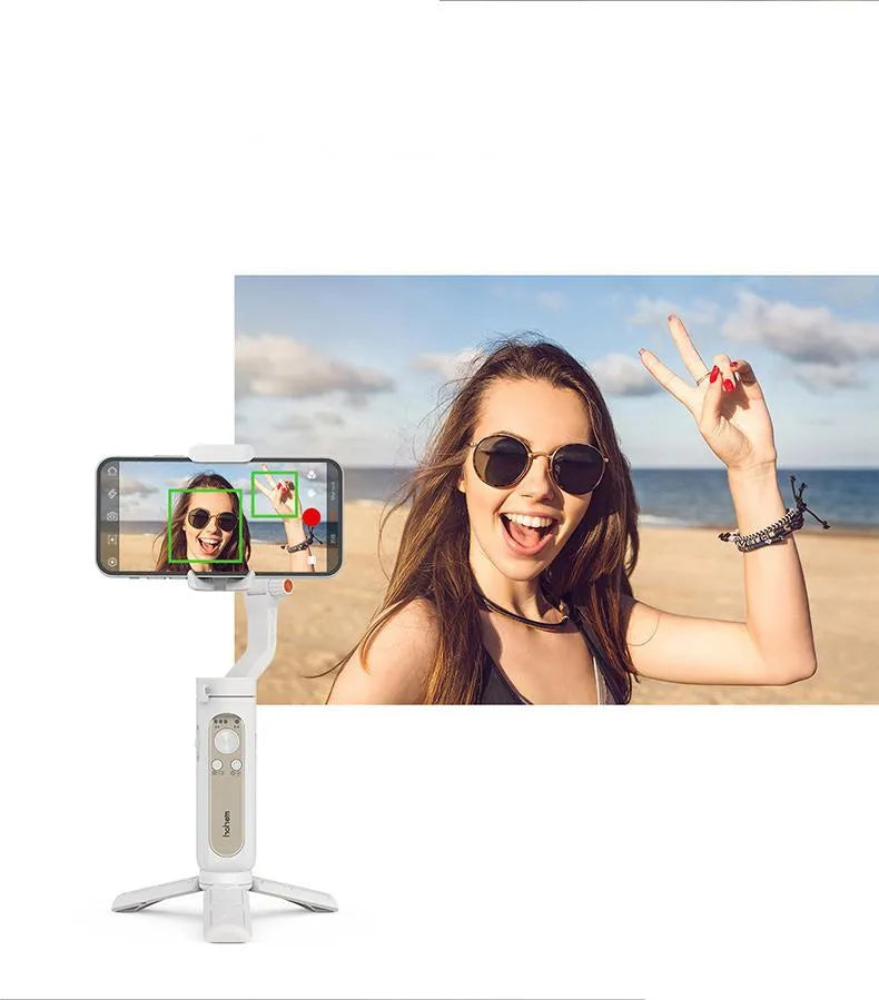 Black or white 3‑axle foldable phone stabiliser showing compact 179mm size and USB port.
