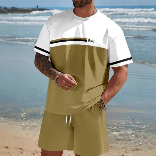 Men's polyester shorts suit set with short-sleeved t-shirt and matching shorts in loose fit
