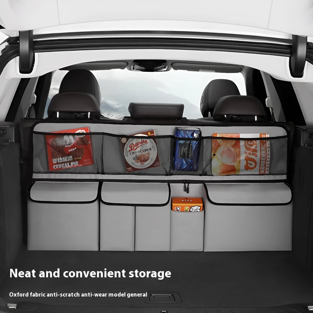 Large capacity car storage box in Oxford cloth with mesh pockets, hanging design, 105x51x9cm, black colour