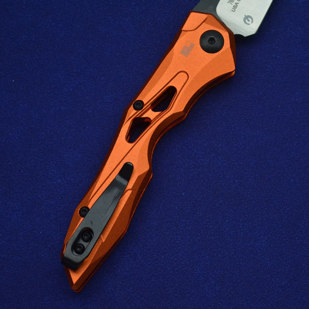 Black folding fruit knife with D2 steel blade and aluminium handle for camping and kitchen use