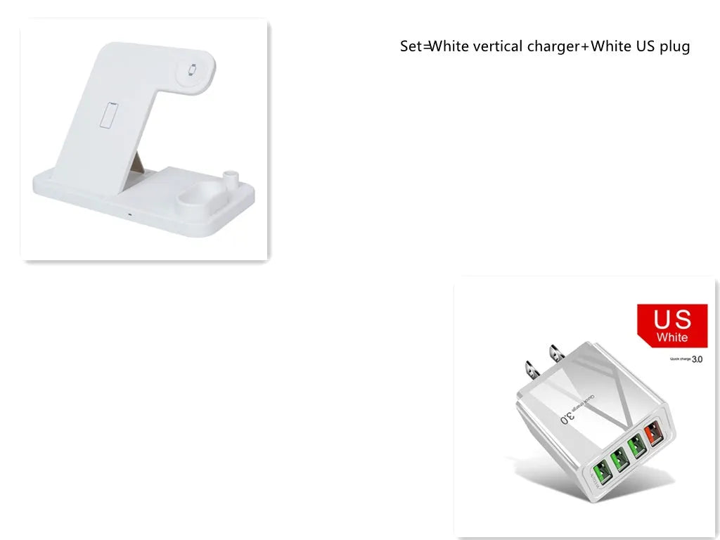 4-in-1 adjustable wireless charging station charging a phone, Apple Watch, and AirPods.