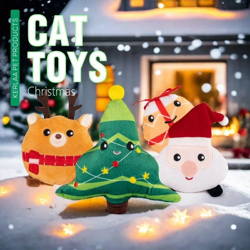 Christmas cat plush toy with catnip in Santa Claus, Christmas tree, elk, or smiling egg designs