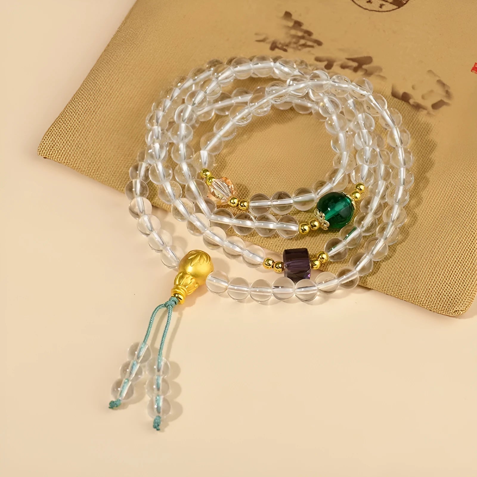 White crystal 108-bead rosary bracelet necklace with geometric beads in ethnic style