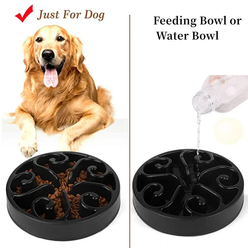 A slow feeder dog bowl with a maze pattern inside and a non-slip base, shown in blue.