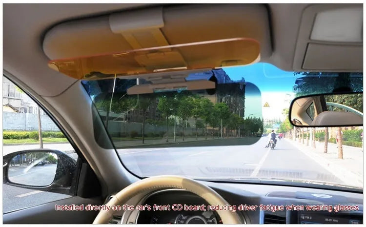 Car day and night sun goggles with reflective lenses on a sun visor, available in two sizes
