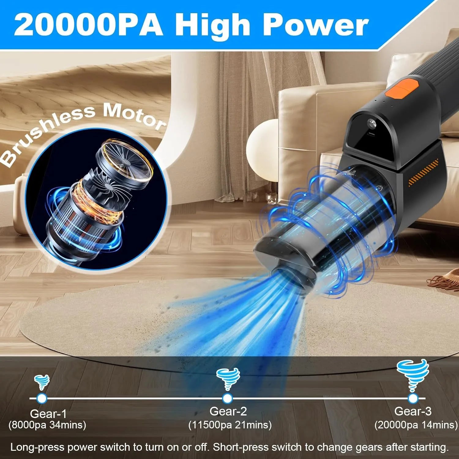 Cordless handheld vacuum 18000Pa with LED light and black ABS PC body on car seat