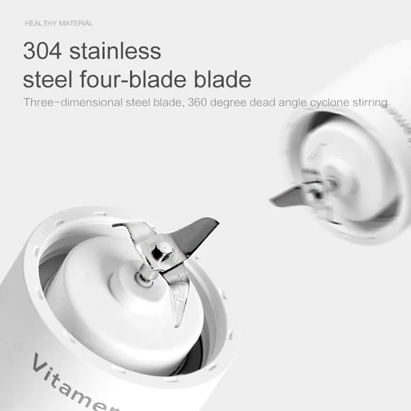 White portable USB blender bottle with silicone ring, 350ml capacity, and stainless steel blade on base.