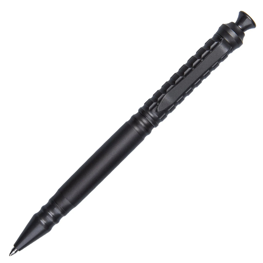 Gunmetal grey titanium tactical pen with push-action decompression mechanism