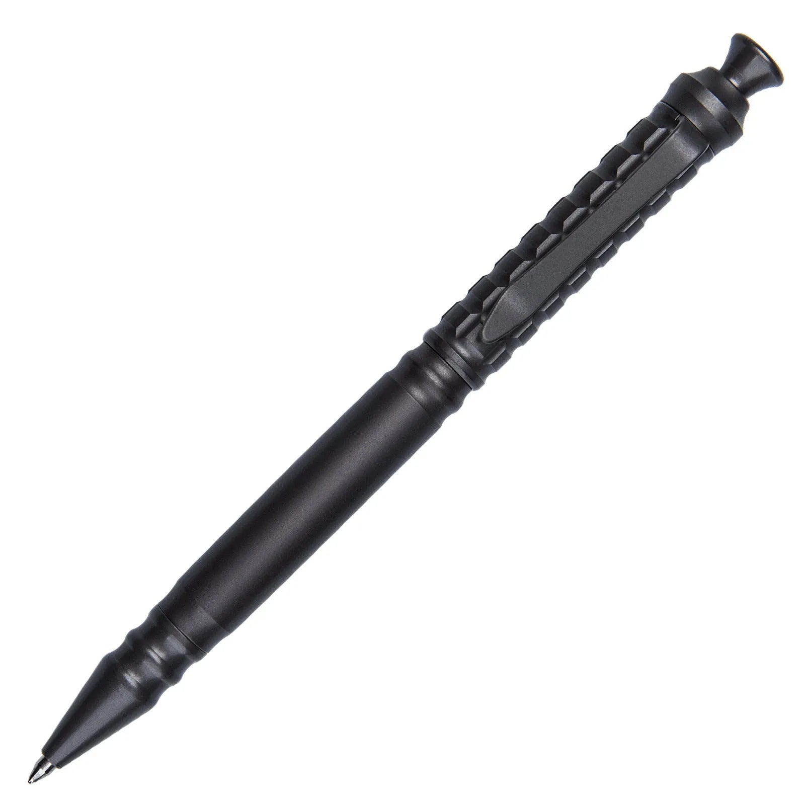Gunmetal grey titanium tactical pen with push-action decompression mechanism