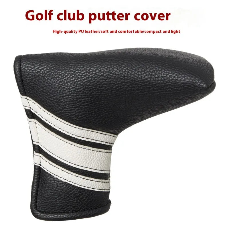 Black PU leather golf putter cover sleeve for club head protection.