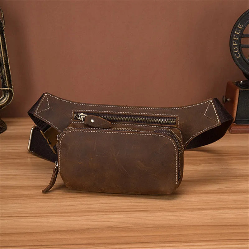 Brown cowhide leather men's sports waist bag with a pull-closure.